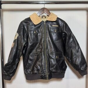 Pacific Trail Kids Dark Brown Faux Leather Bomber Jacket With Patches Sz Medium